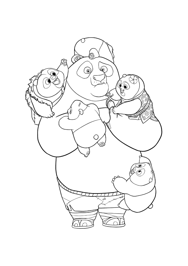 Kung Fu Panda Po looking confused with Baby Pandas coloring page